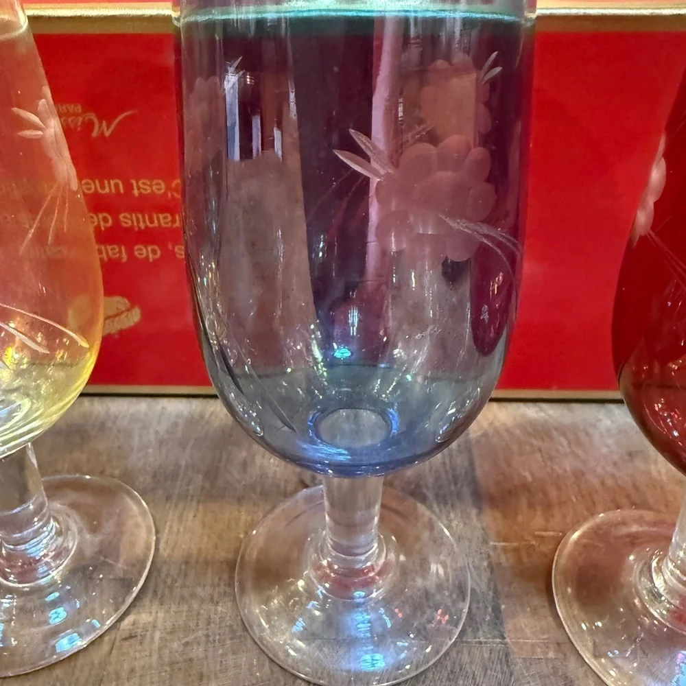 5” Etched Floral Colored Small Stemmed Glasses - Set of 5 Blue, Yellow, Red